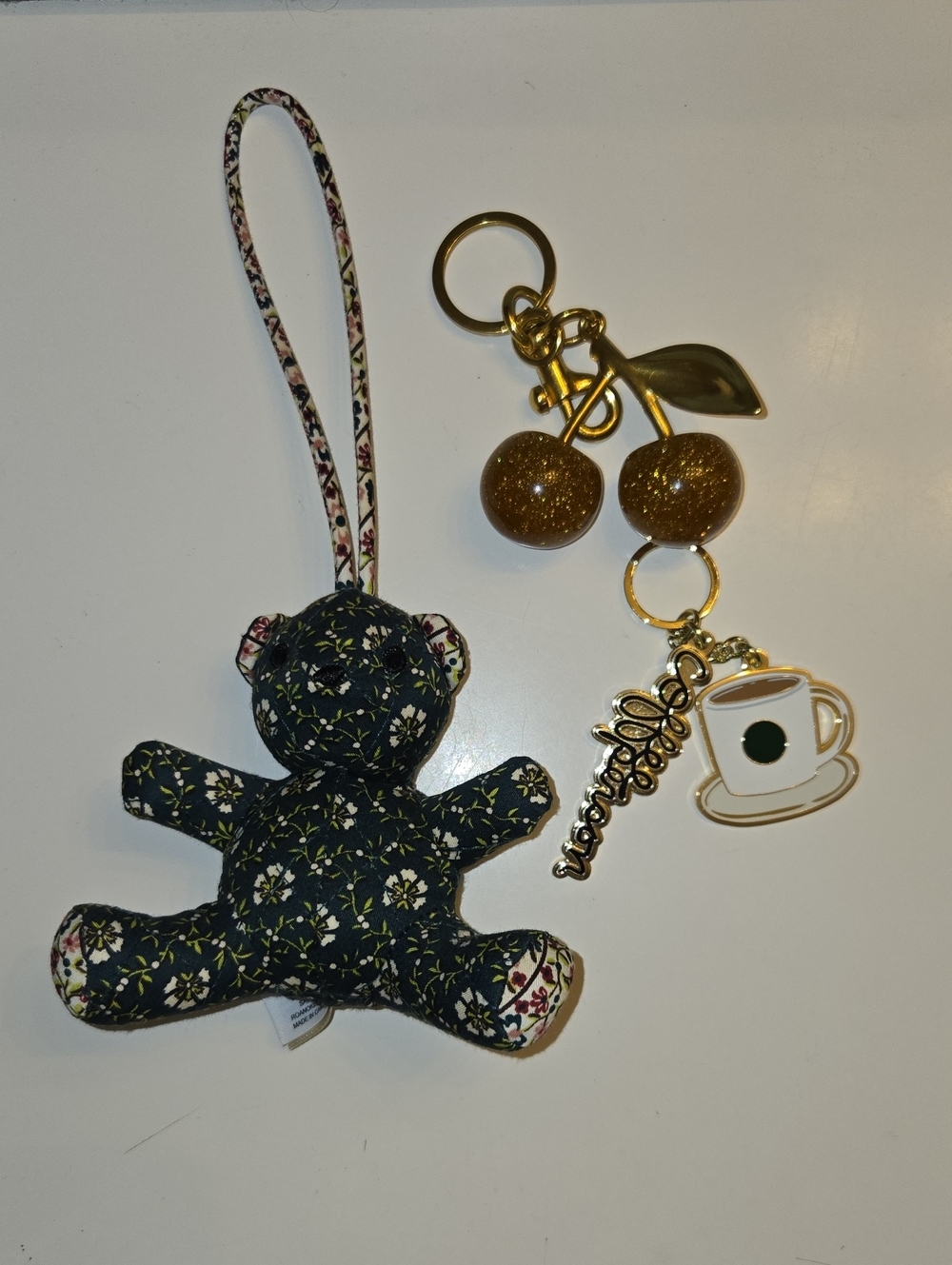 Vera Bradley Navy Floral Teddy and Gold Cherry Keychain Duo